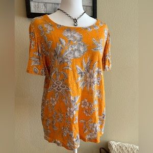 Ann Taylor Women’s Yellow 100% Linen, Bell Sleeves w/White & Gray Flowers - Sz L